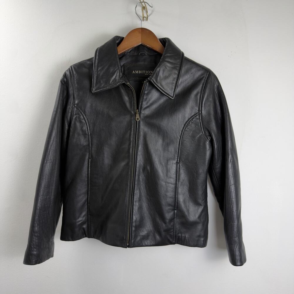 AMBITION NEW YORK JUNIORS WOMENS GENUINE BLACK LEATHER JACKET SZ 12